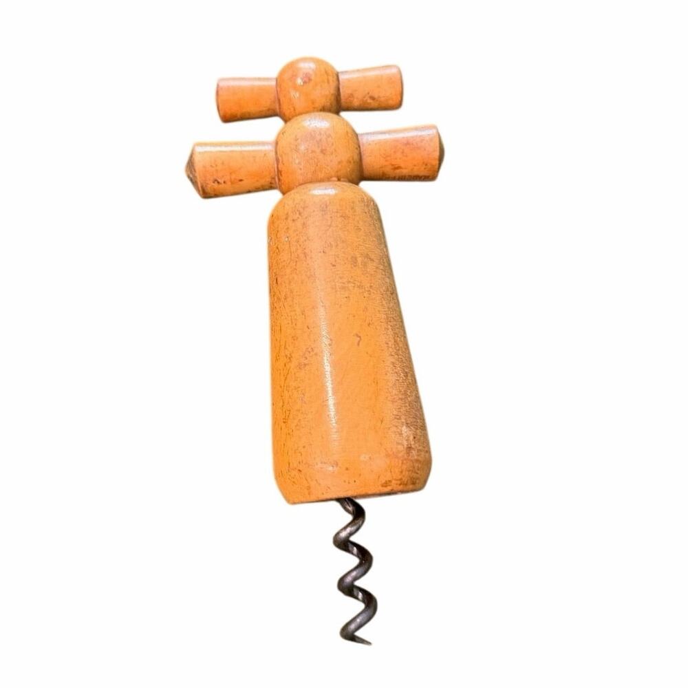 Vintage French double wood handle twist wine bottle opener corkscrew
